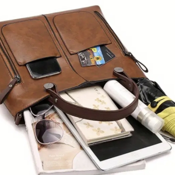 Satchel Crossbody Bag Leather Look Casual Shoulder Handbag Taupe/Brown Medium - Picture 14 of 14